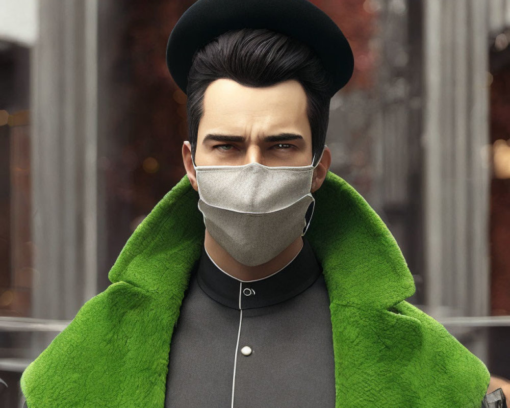 Stylized 3D Rendering of Man in Beret and Face Mask with Urban Background