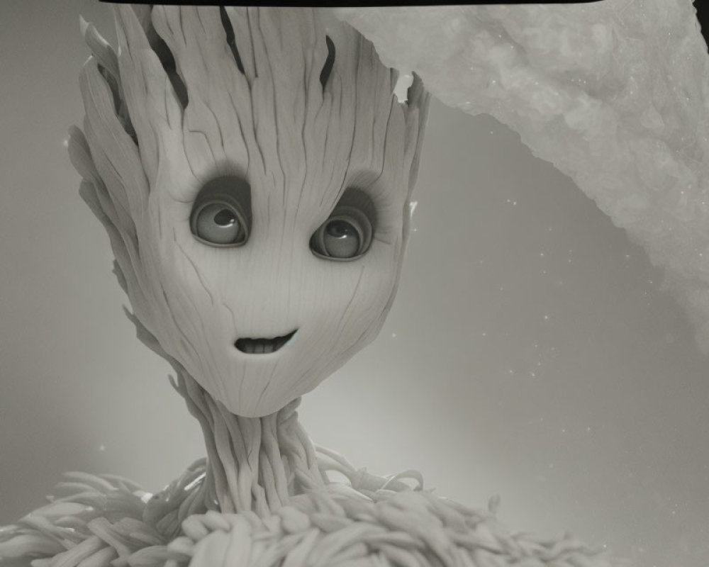 Grayscale Baby Groot with expressive eyes and wooden skin surrounded by fibers