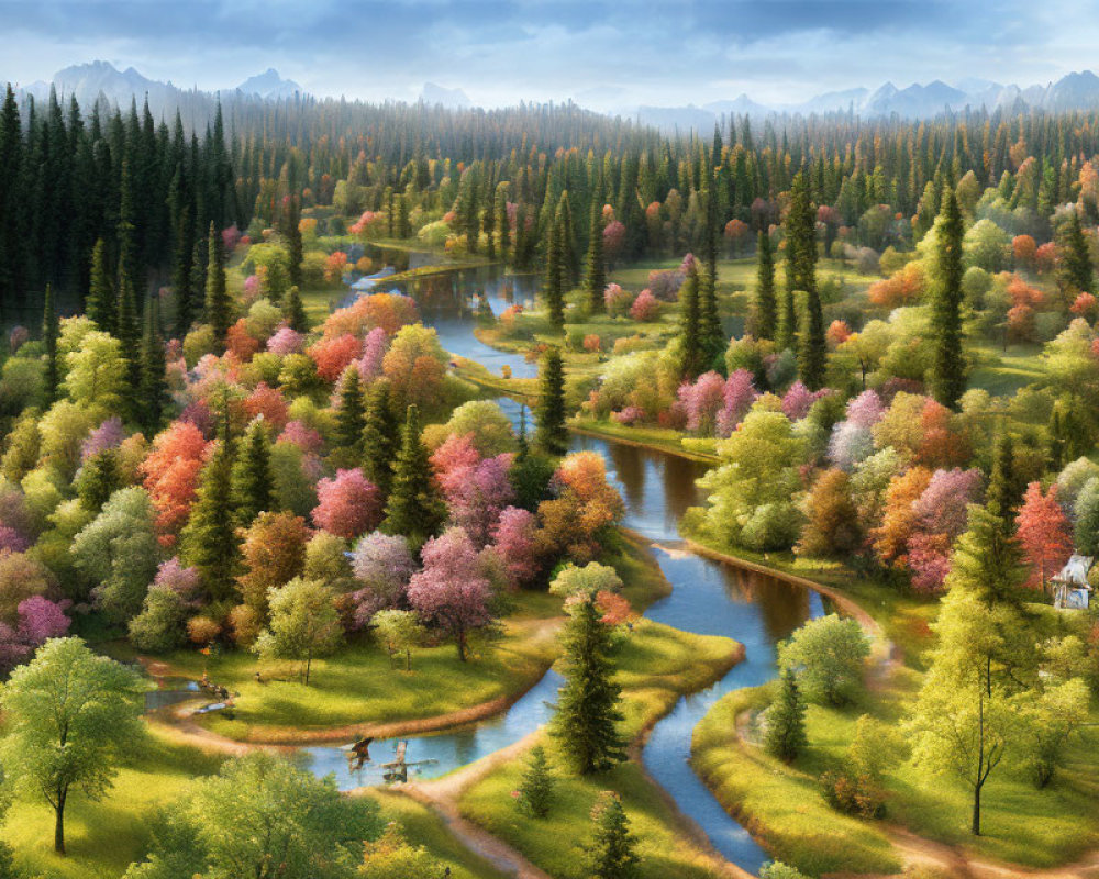 Colorful Autumn Landscape with Meandering River and Lush Forests