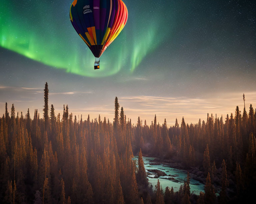 Hot air balloon in starlit sky with aurora borealis over evergreen forest and river