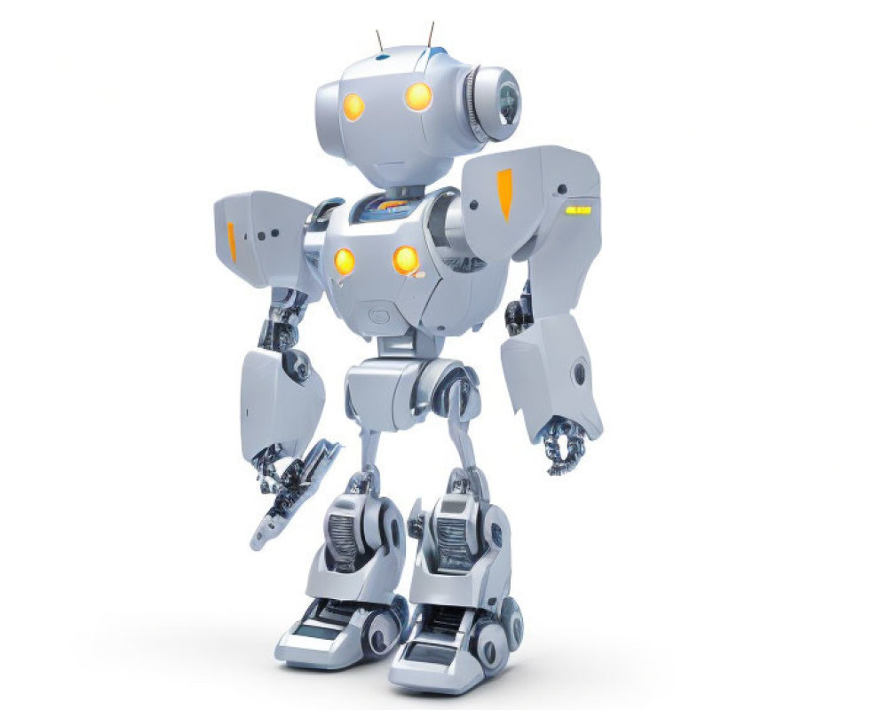 Friendly humanoid robot illustration with grey body, blue lights, and articulated joints