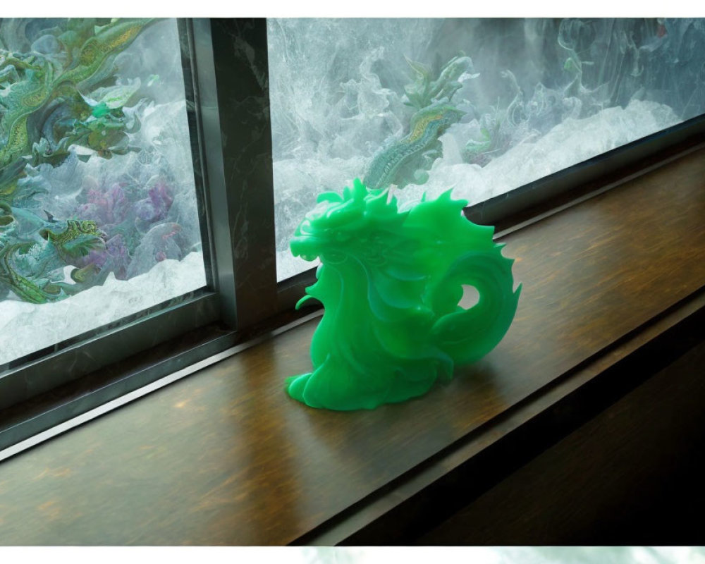 Detailed Green Dragon Sculpture on Wooden Ledge with Intricate Dragon Artwork on Frosted Glass
