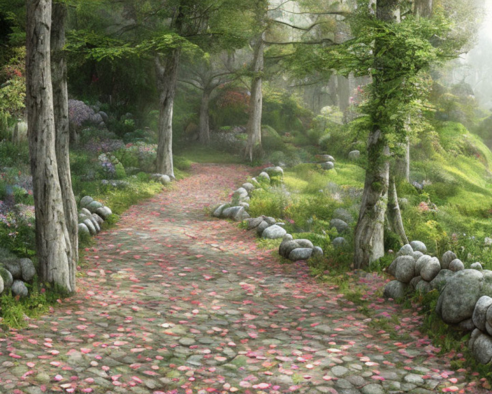 Tranquil forest path with stones, pink petals, lush trees, and purple flowers