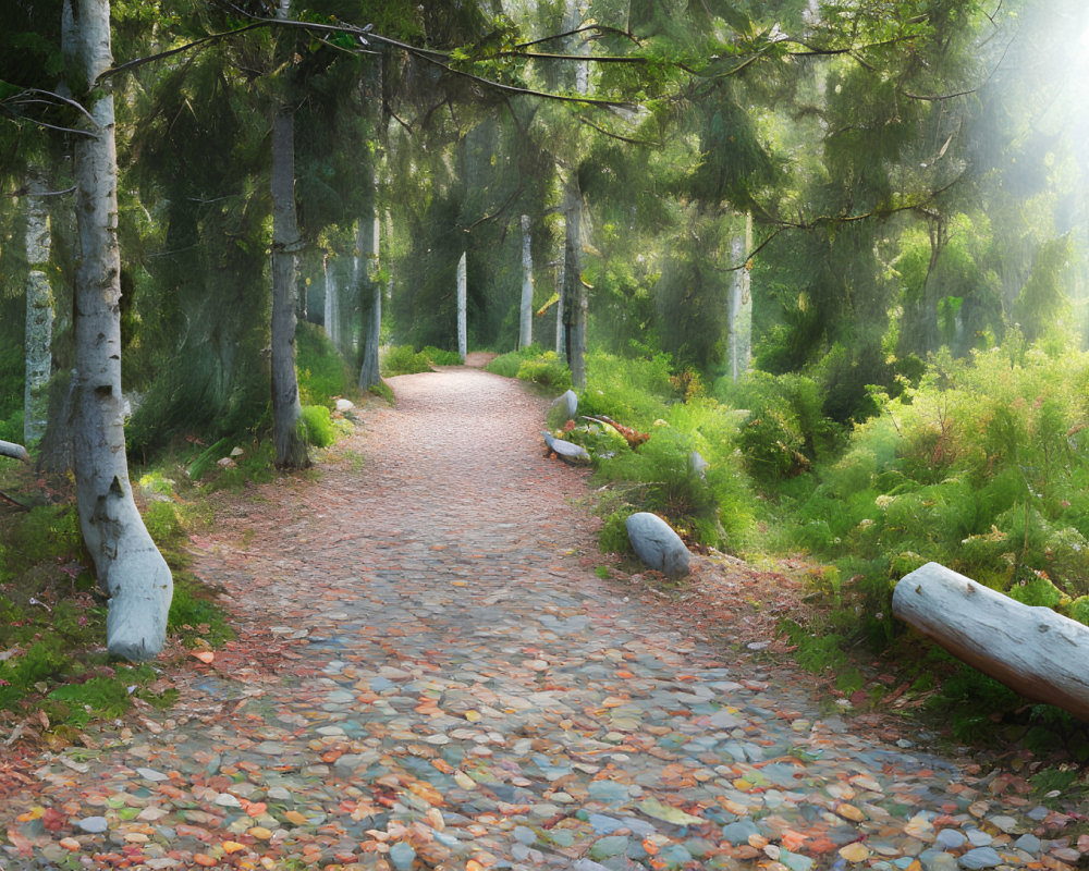 Tranquil forest path with large stones and lush green trees