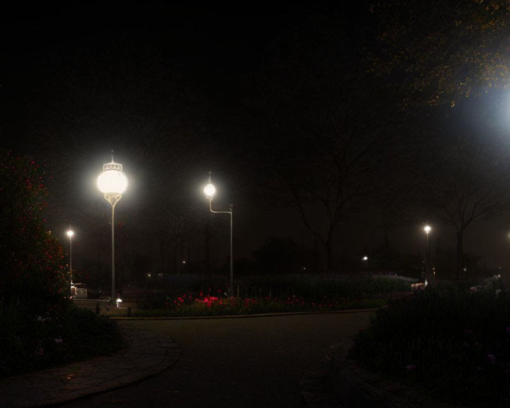 Nighttime park scene with illuminated street lamps, blooming flowers, winding path, and full moon.