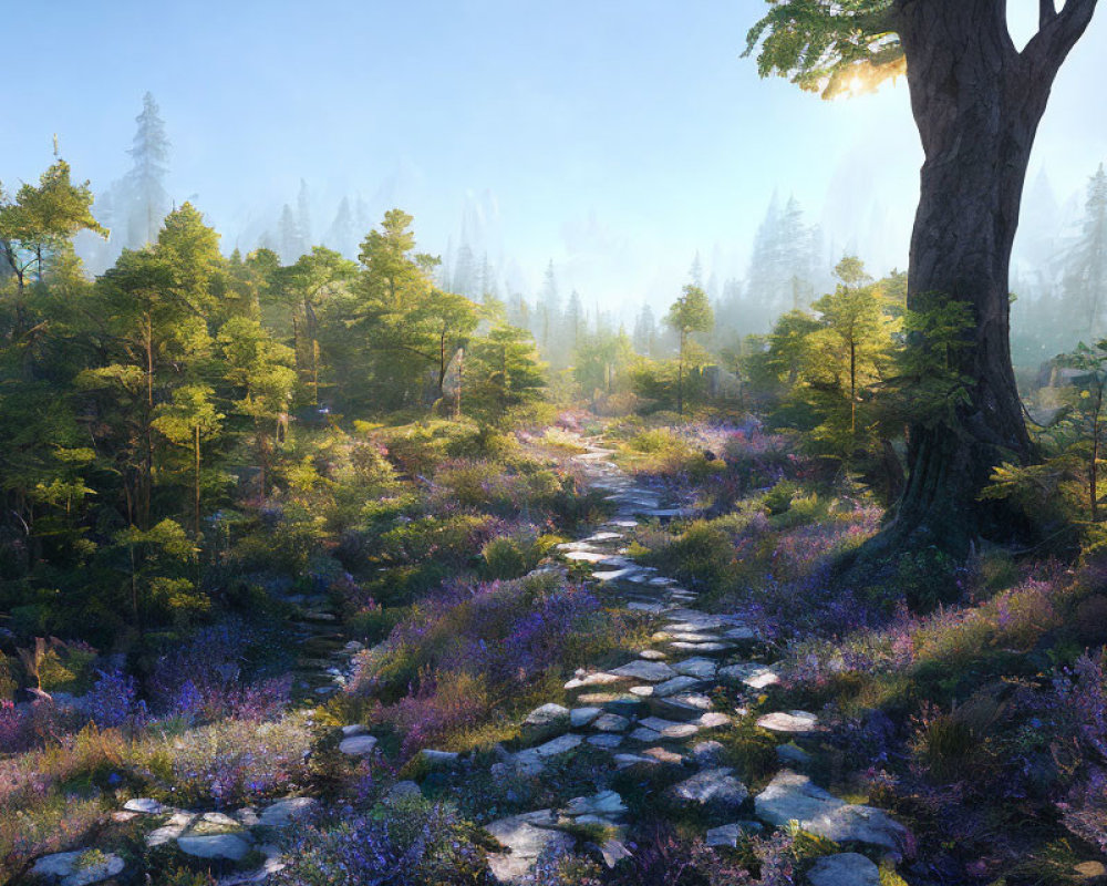 Tranquil Forest Path with Sunlight and Wildflowers