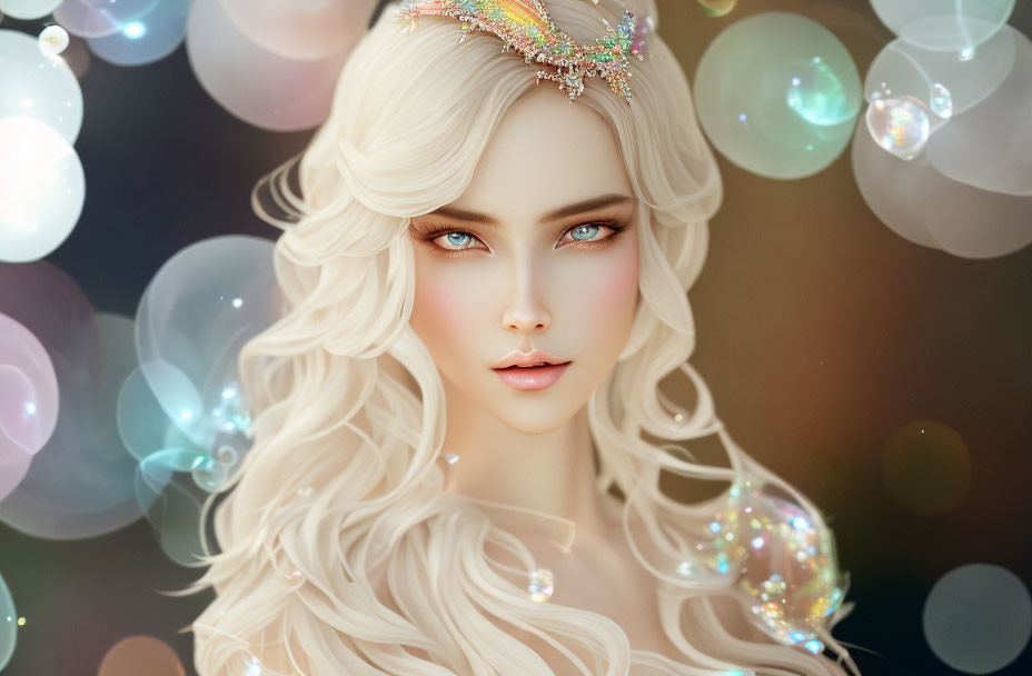 Fantasy portrait of woman with white hair, blue eyes, crystal tiara, and glowing orbs