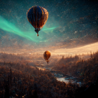 Hot air balloon in starlit sky with aurora borealis over evergreen forest and river