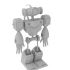 Friendly humanoid robot illustration with grey body, blue lights, and articulated joints