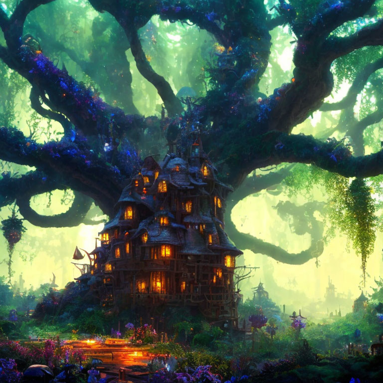 Enchanted forest twilight scene with mystical multi-story treehouse