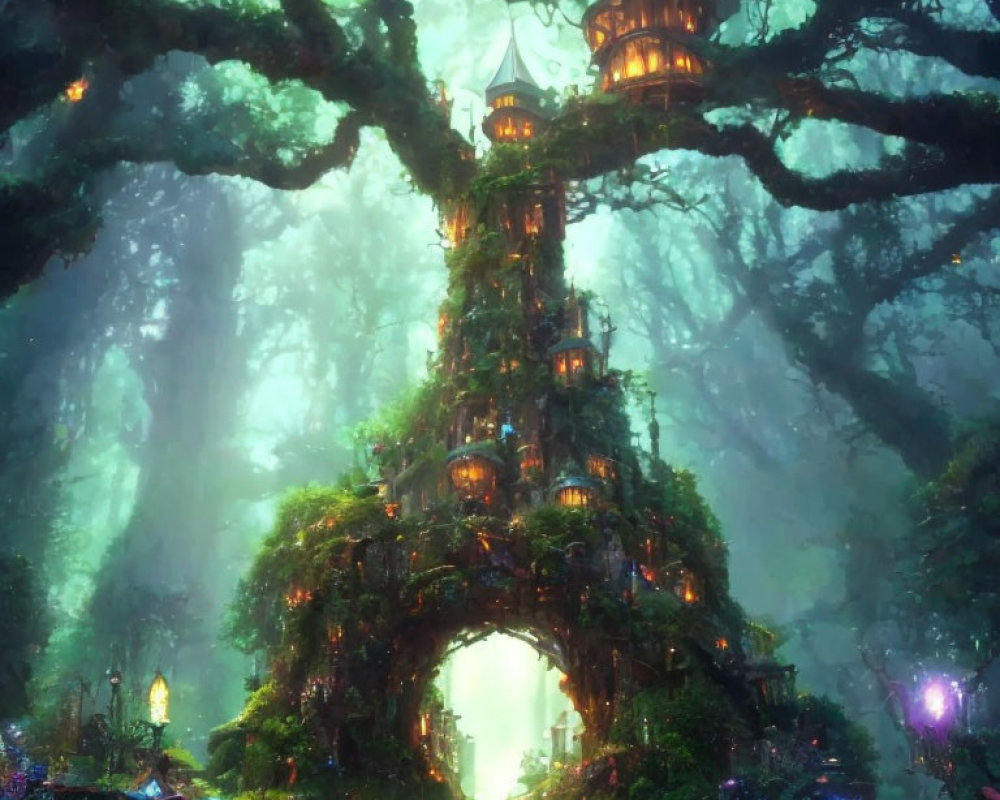Mystical treehouse in lush green forest with glowing lights
