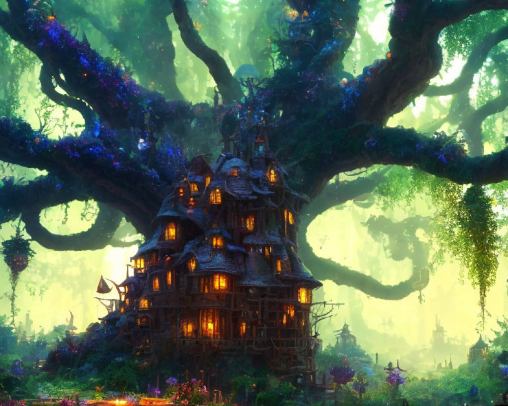 Enchanted forest twilight scene with mystical multi-story treehouse