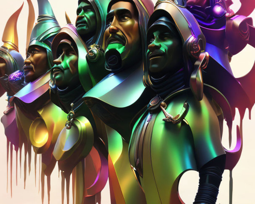 Colorful Digital Art: Stylized Warrior Faces with Helmets in Cascading Formation