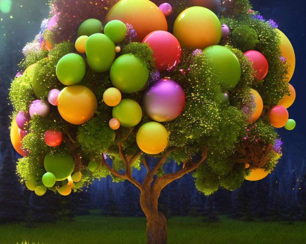 Colorful Balloon-Adorned Tree in Night Scene