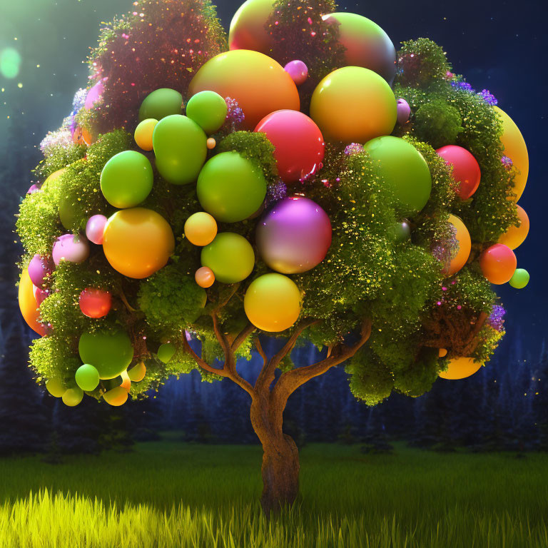 Colorful Balloon-Adorned Tree in Night Scene