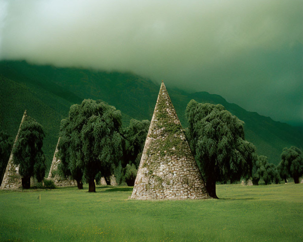 Lush trees and stone pyramids in grassy field under stormy sky