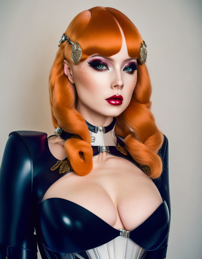 Vibrant orange hair woman with striking makeup and futuristic corset