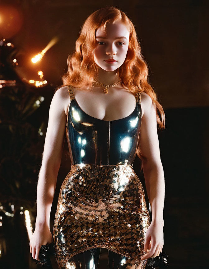 Red-haired woman in gold and black dress poses elegantly in dimly lit setting
