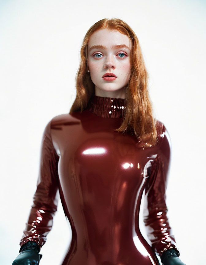 Red-haired person in maroon bodysuit with blue eyes and black gloves on light background