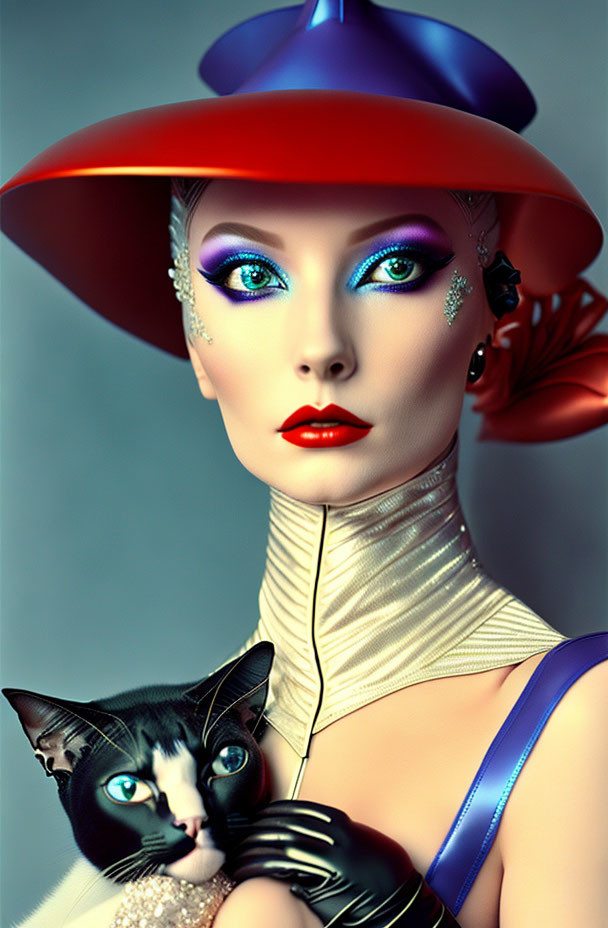 Woman with Striking Makeup Holding Black and White Cat in Red Hat and White Outfit