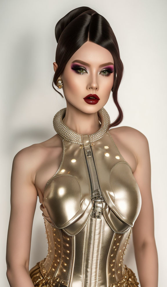 Digital Artwork: Woman with Sleek Updo, Striking Makeup, Pearl Earrings, Metallic