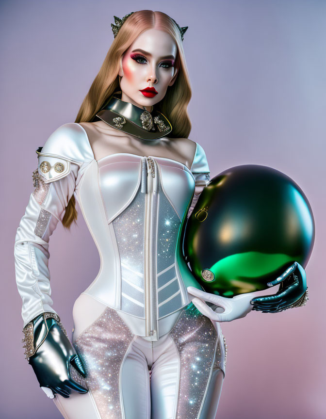 Futuristic woman in white and silver cosmic suit with pointed shoulders holding a glossy black helmet