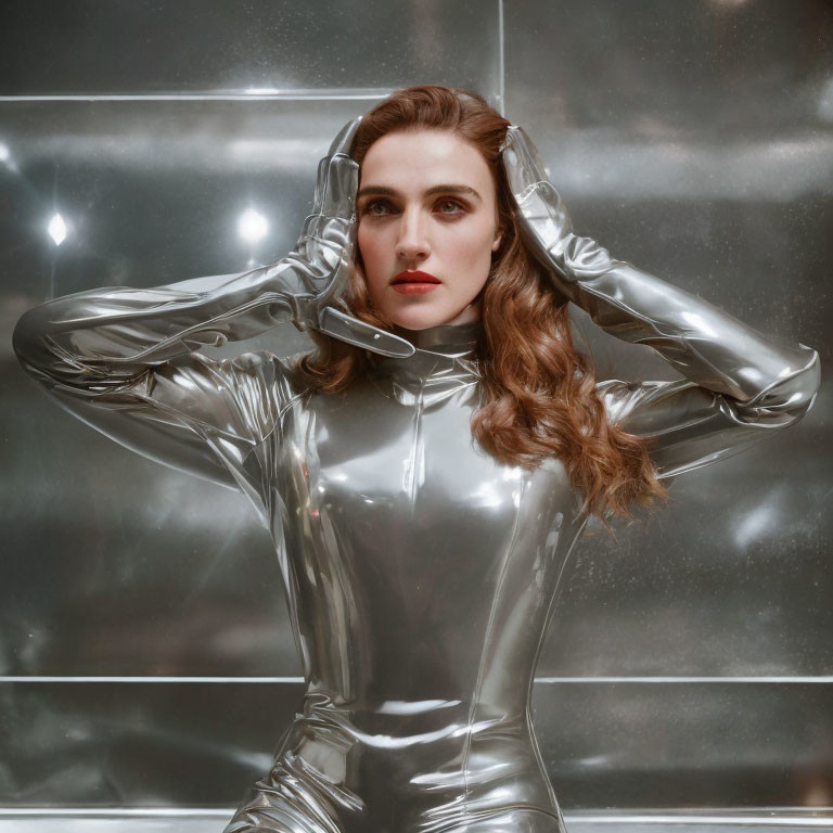 Futuristic woman in metallic silver bodysuit against shimmering background