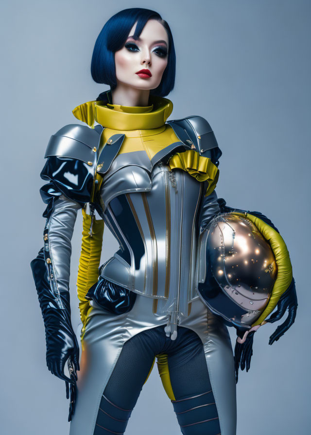 Futuristic silver and yellow armor suit on confident woman