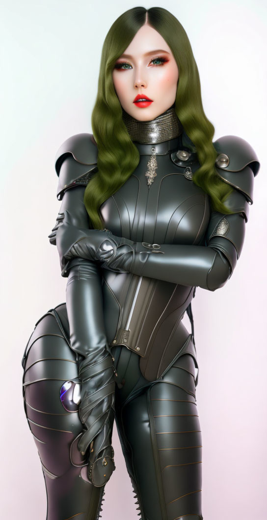 Green-haired female character in futuristic grey body armor with red lips and sword hilt.