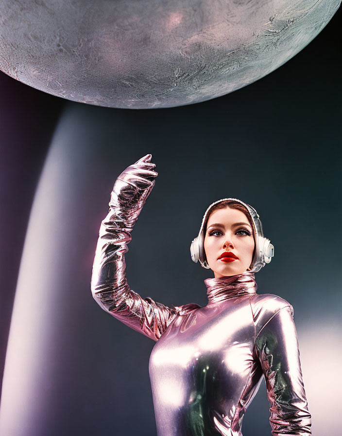 Person in shiny metallic spacesuit touching moon-like sphere under beam of light
