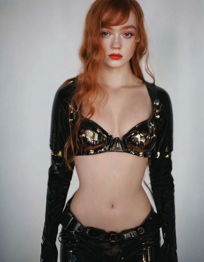 Red-haired woman in metallic bra and leather outfit with neutral expression on soft background