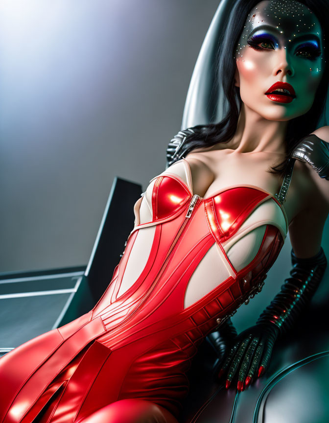 Stylized image of woman in futuristic red costume with dramatic makeup