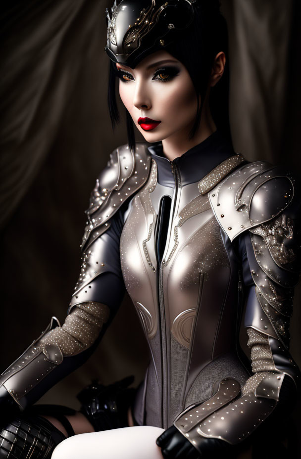 Detailed Sci-Fi Armor on Stylized Female Character with Crown and Sparkling Accents