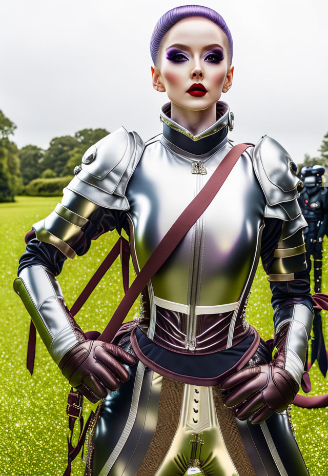Futuristic metallic outfit and bold makeup on woman posing confidently outdoors