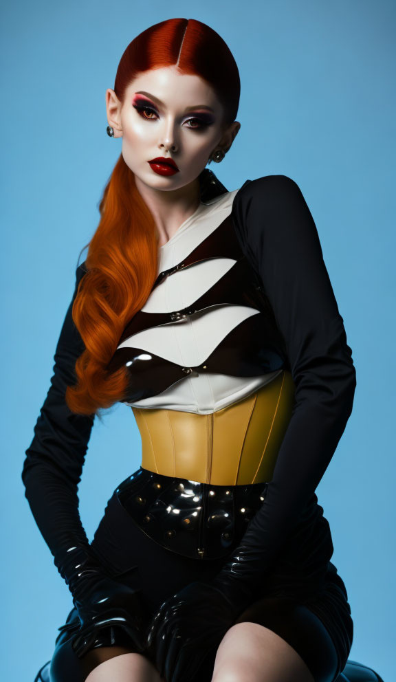 Striking red-haired woman in bold makeup and futuristic outfit on blue background
