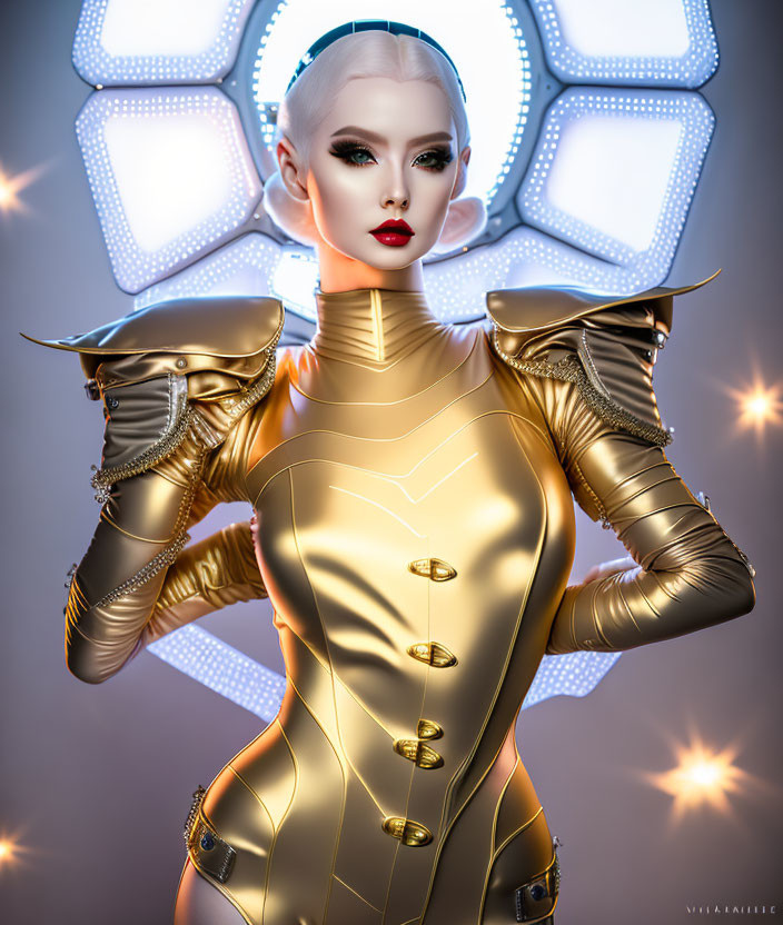 Futuristic digital art: Woman in gold bodysuit with metallic arm details