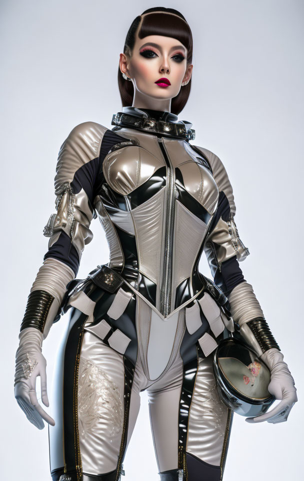 Futuristic woman in metallic silver and black bodysuit with sleek design holding a helmet