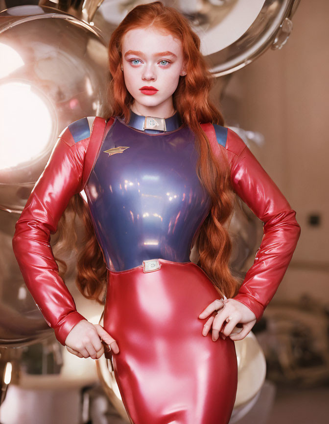 Red-haired woman in futuristic blue and red suit with star emblem in sci-fi setting