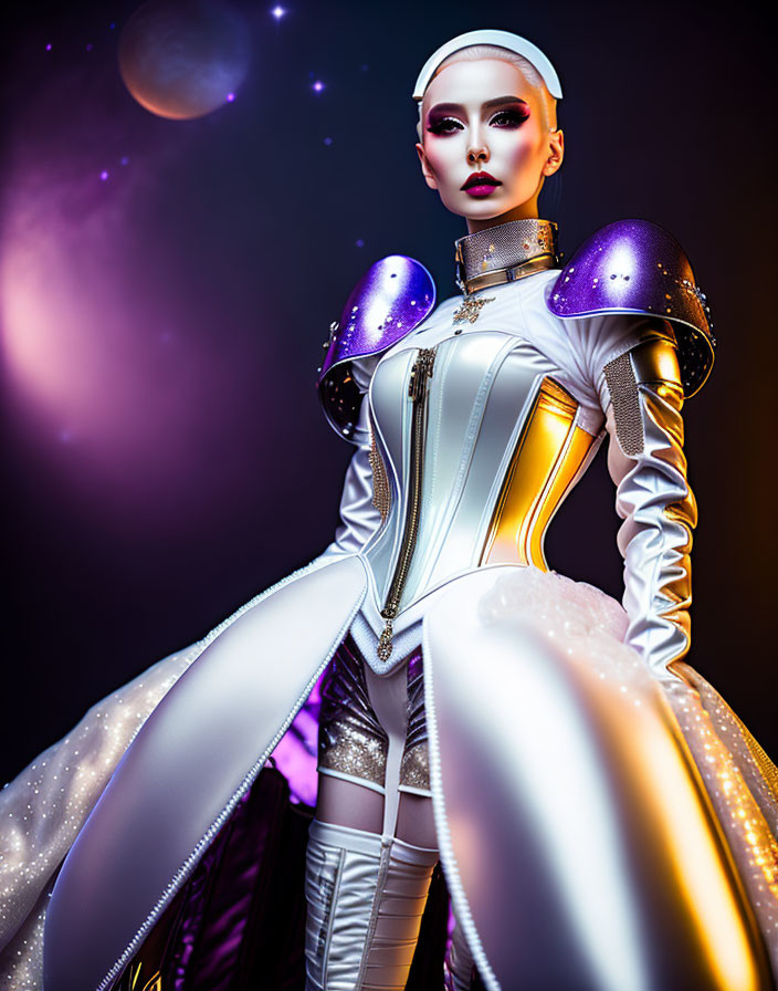 Futuristic model in metallic corset with voluminous sleeves against space backdrop