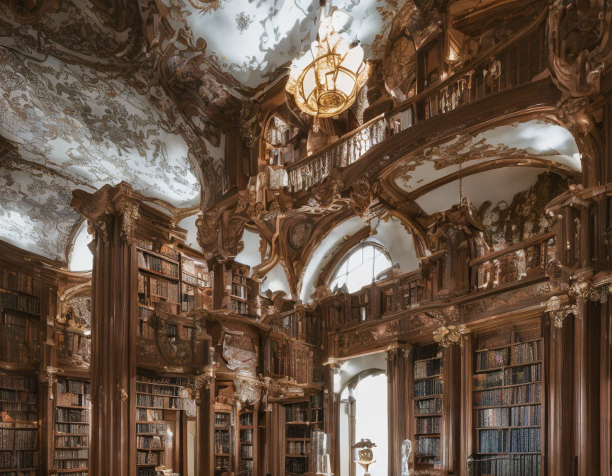 Baroque-style wooden library with chandelier, arches, and book-filled shelves