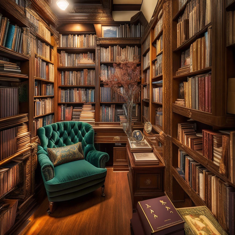 Warm Home Library with Wooden Shelves & Green Armchair