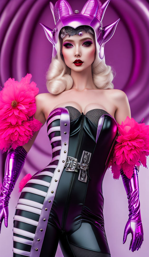 Futuristic woman in silver and black costume with pink flowers and metallic helmet on purple background