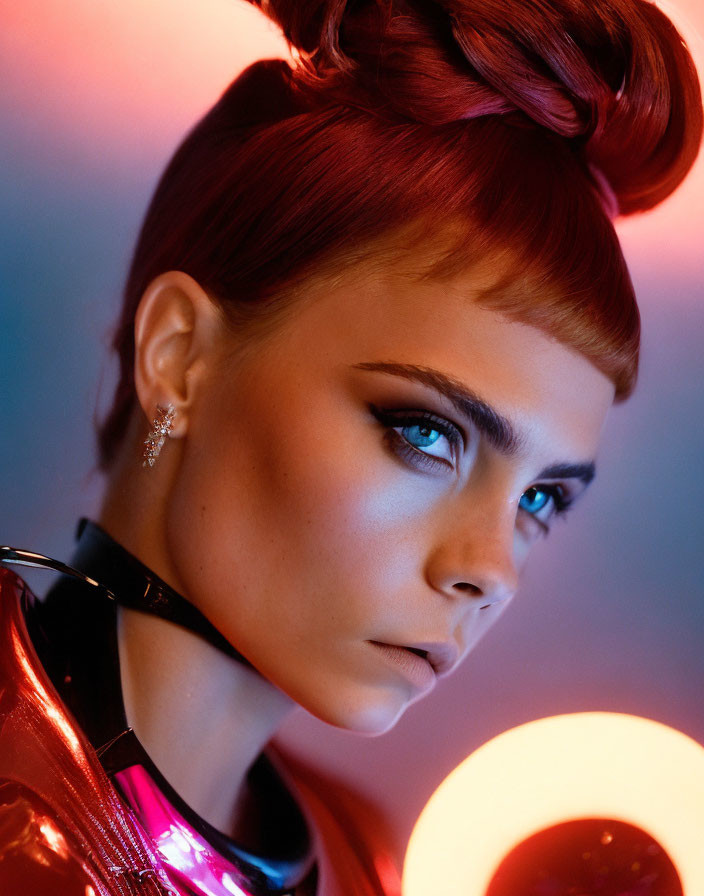 Woman with Blue Eyes and Red Hair Bun in Glossy Outfit on Red and Blue Background