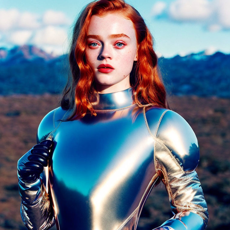 Red-haired woman in silver bodysuit with blue eyes against nature backdrop