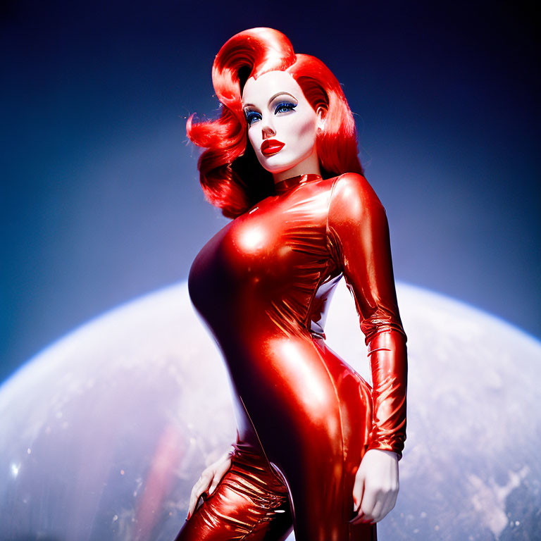 Stylized female figure in red latex suit against cosmic backdrop