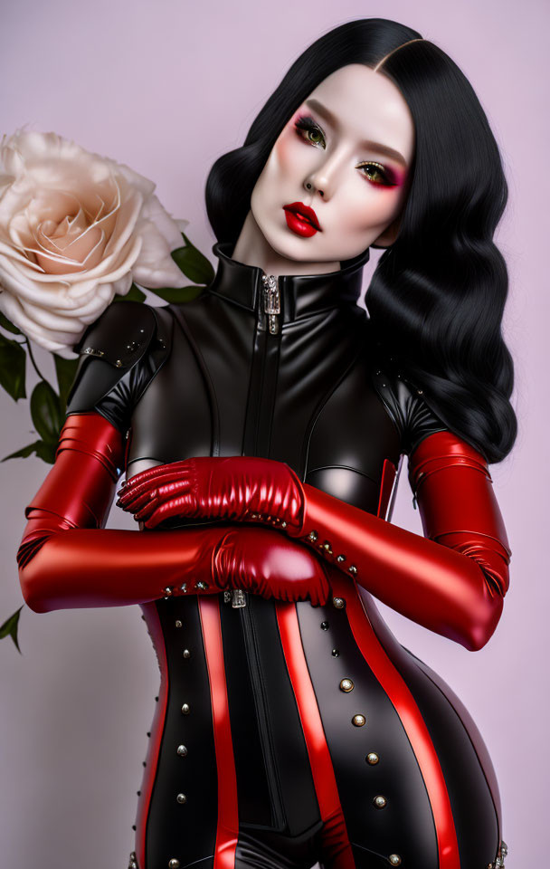 Stylized digital art: Pale-skinned female in black/red bodysuit on pink background