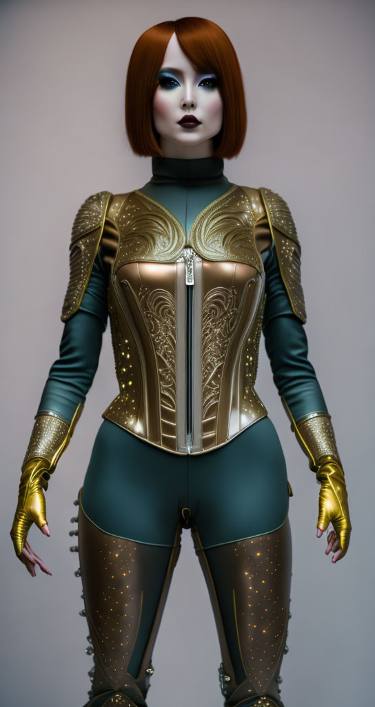 Futuristic teal and gold armored woman with bob haircut on neutral background