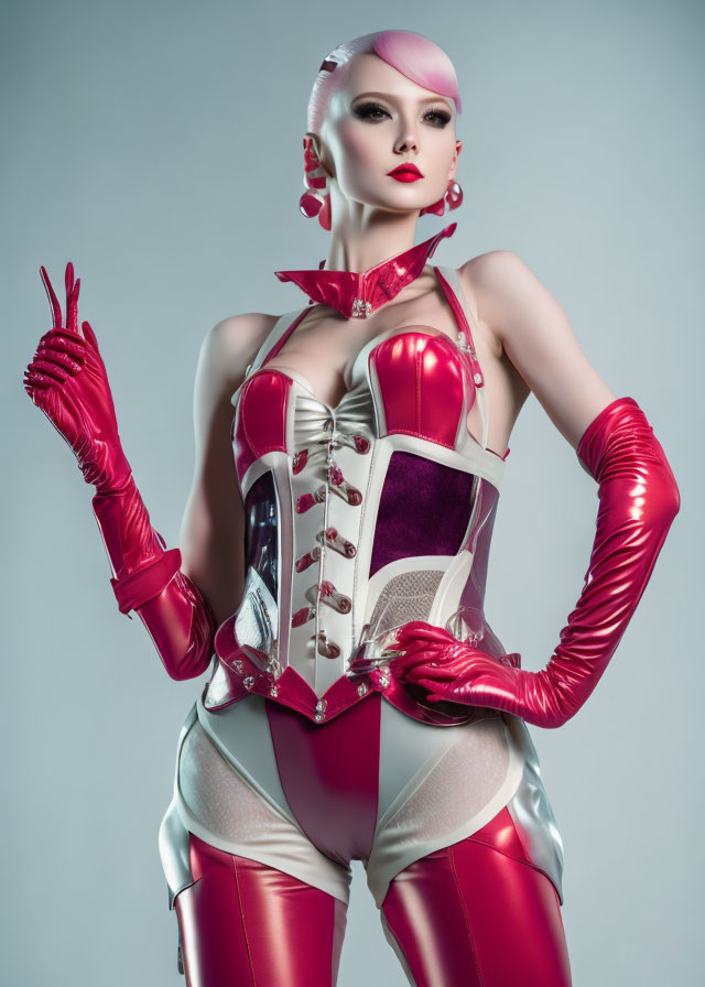 Futuristic red and white bodysuit with corset and gloves against blue-gray background