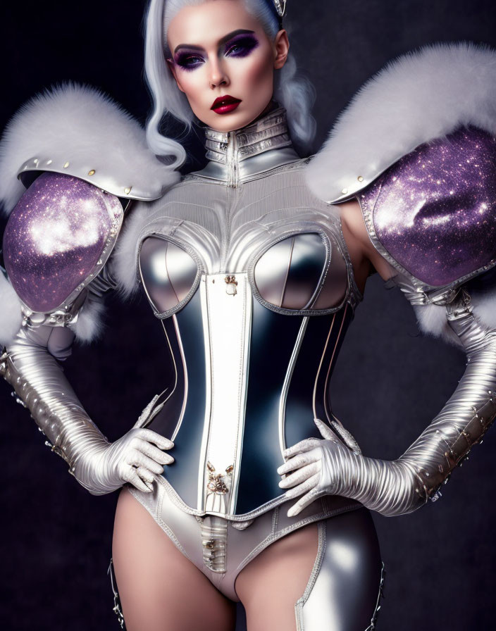 Silver-haired woman in futuristic corset with metallic details and voluminous shoulder pads