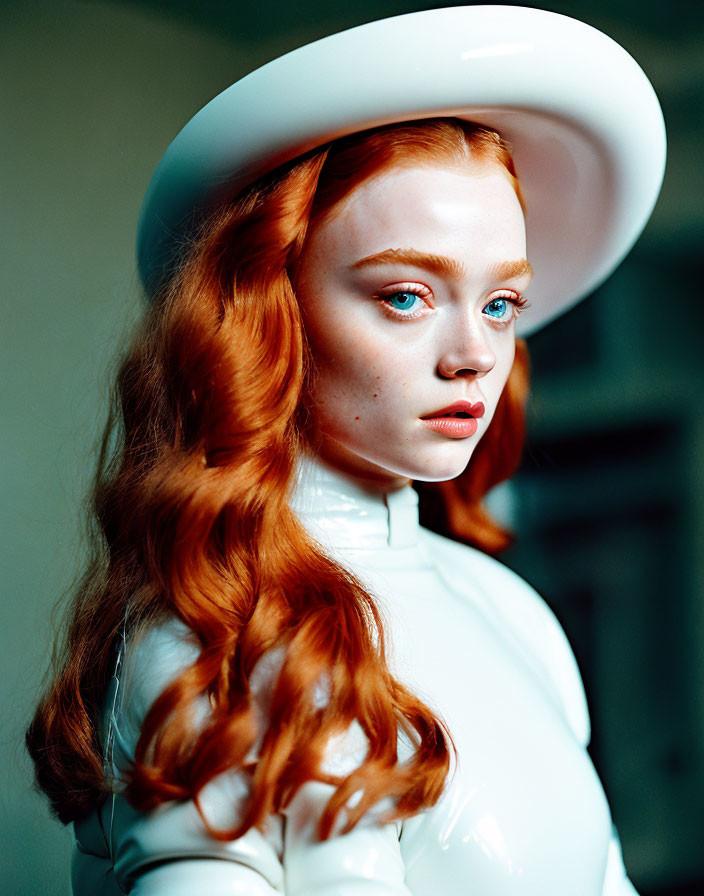 Red-haired woman in white hat and high-collared outfit gazing elegantly.